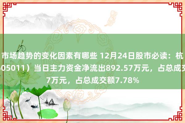 市场趋势的变化因素有哪些 12月24日股市必读：杭州热电（605011）当日主力资金净流出892.57万元，占总成交额7.78%