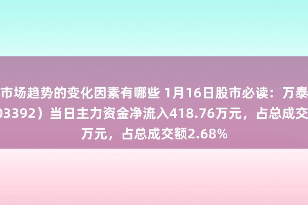 市场趋势的变化因素有哪些 1月16日股市必读：万泰生物（603392）当日主力资金净流入418.76万元，占总成交额2.68%